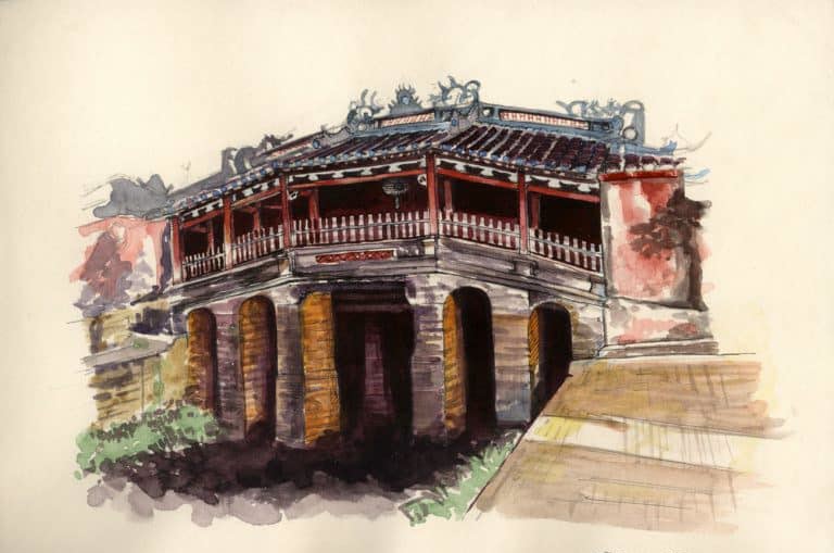 Mẫu tranh vẽ chùa Cầu phố cổ Hội An đẹp nhất